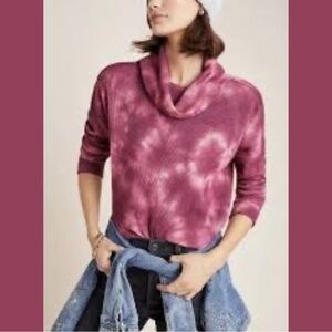 Anthropologie Maeve Ainsley Pink Tie-Dye Waffle Knit Thermal Cowl Neck Top Small